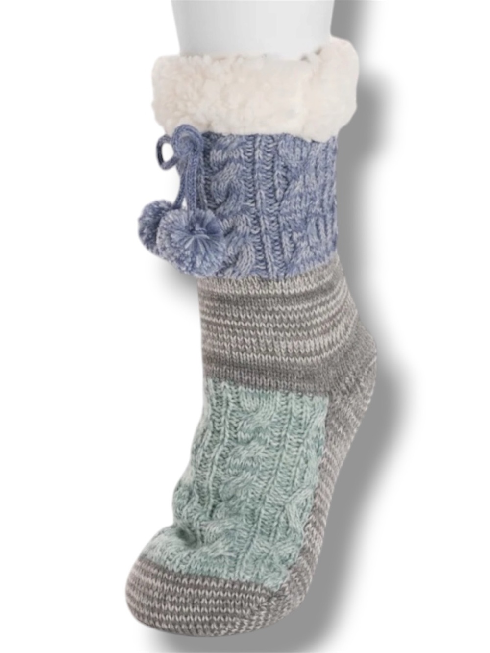 MUK LUKS cozy, multi-colored cable-knit design TALL CABIN SOCKS, with pom-poms